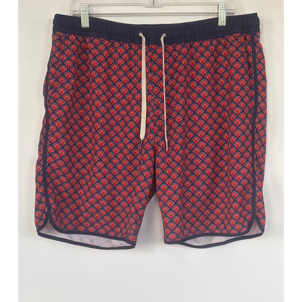 Fair Harbor Mens Swim Trunks Red Blue Fan Print Board Shorts Size XL 7 In Inseam
